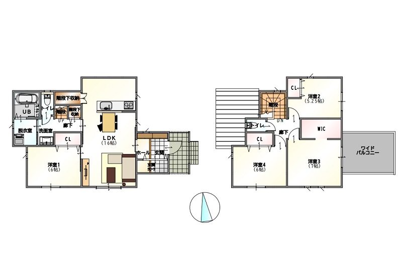 １号地：間取図　全洋室の４LDK。玄関クローク＆各居室に収納を完備！